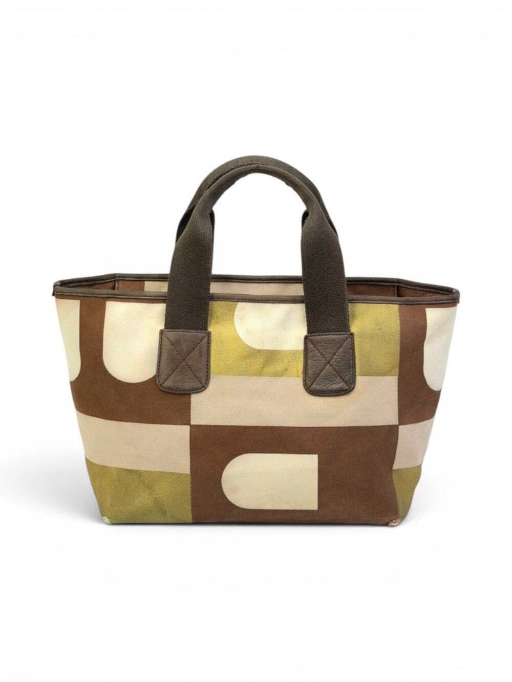 Vintage Bally Geometric Print Canvas Brown Cream Green Y2K Tote Bag